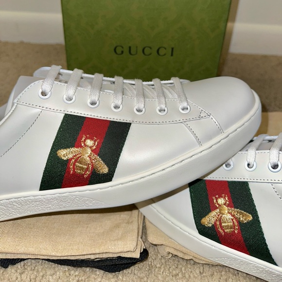 Men’s Gucci Ace White Leather Embroidered Bee Sneakers - NWB - Size G11/US11.5 - Picture 13 of 16